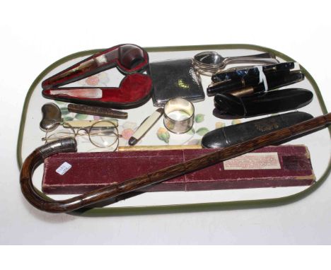 Antique spectacles, silver mounted pipe and walking stick, cigarette holder, kidney shape vesta, pens etc.