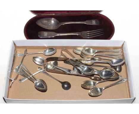 Two sets of six silver coffee spoons (one with tongs), cased silver spoon and fork, and other small silver flatware, 14 troy 