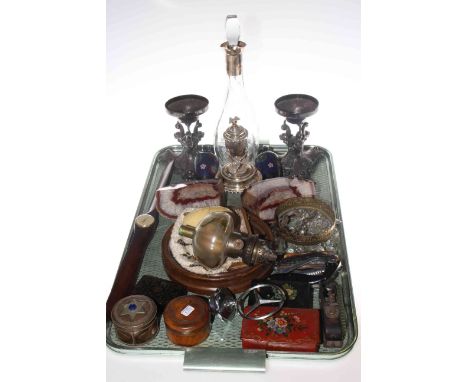 Tray lot with silver mounted decanter, Mercedes mascot, cloisonne vases, boxes, oil lamp, etc.