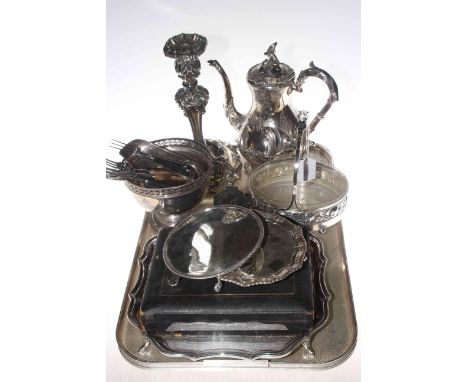 Collection of silver plated wares including ornate candlestick and coffee pot, WMF basket, inkwell, etc.