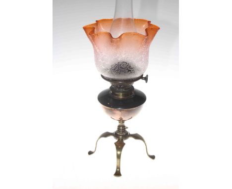 Late Victorian/Edwardian brass and copper oil lamp by Benson &amp; Co., Bond Street, London, with etched amber tinted shade a