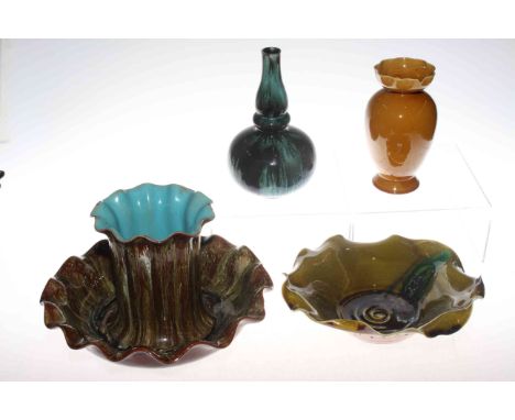 Linthorpe pottery streak glazed centre piece, no. 1321; wavy edge dish, no. 2028; vase, no. 2221 and a Linthorpe style vase.