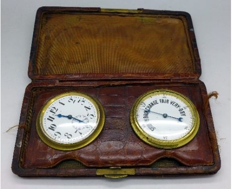 A crocodile skin cased travel clock and barometer, a/f