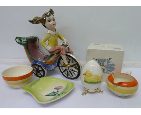 A Grays pottery cream and sugar, a Goebel egg, a Humber Bridge money box, etc.