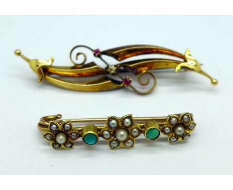 A 15ct gold, diamond and ruby brooch, weight 3.4g and a yellow metal, turquoise and seed pearl brooch, weight 3.3g