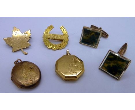 Two rolled gold lockets, a pair of gold on silver moss agate cufflinks and two brooches