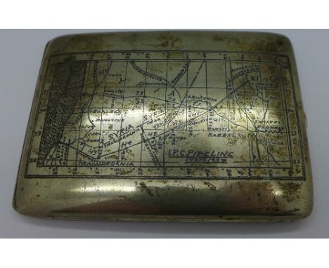 A white metal cigarette case showing Syria and the east Mediterranean coast and the I.P.C. Pipeline 1931-1937, Iraq Petroleum