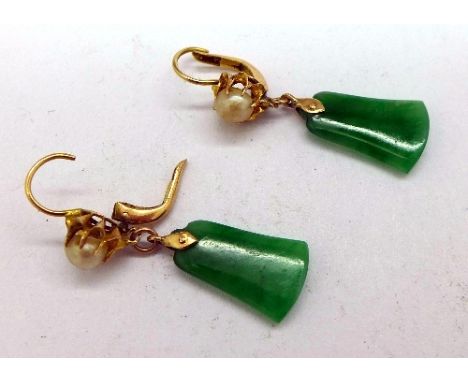 A pair of yellow metal, jade and pearl earrings