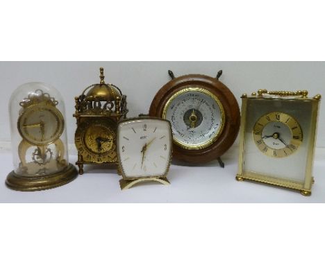 A Smiths brass lantern clock, three other clocks and a barometer