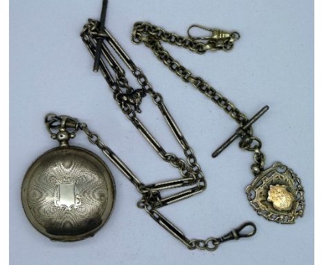 An .800 silver pocket watch marked Constantinople and a Victorian silver Albert chain, a Victorian silver fob with small Albe