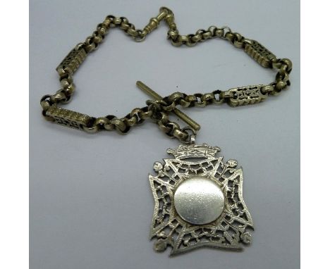 A plated double Albert chain and a large silver fob