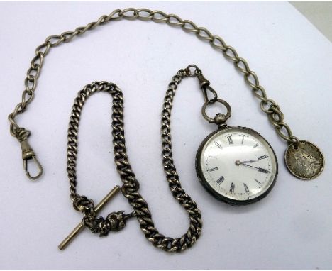 A silver fob watch, the movement marked Baume, a silver Albert chain and one other Albert chain