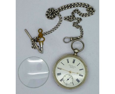 A silver cased J.W. Benson pocket watch, The Ludgate Watch, case hallmarked London 1894 and a silver Albert chain