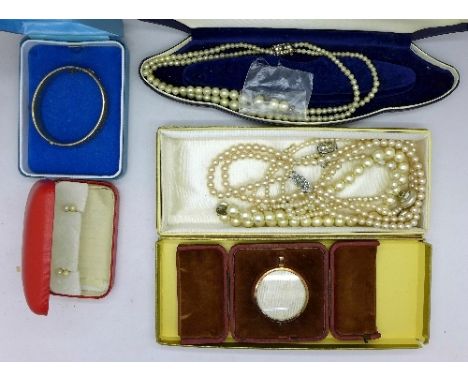 Faux pearl necklaces, a 9ct gold metal core bangle and a plated photograph locket in a fitted case and earrings