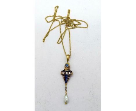 An Art Deco yellow metal pendant set with three diamonds, a sapphire and a pearl on a 14ct gold chain