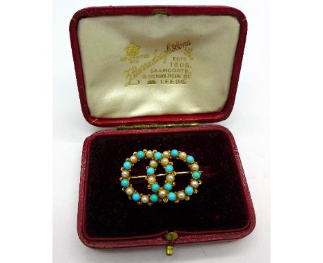 A yellow metal, turquoise and seed pearl brooch, weight 6.5g