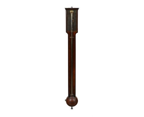 A GEORGE III MAHOGANY STICK BAROMETER  LATE 18TH CENTURY, WILLIAM WATKINS, LONDON The engraved brass dials on a plain traditi