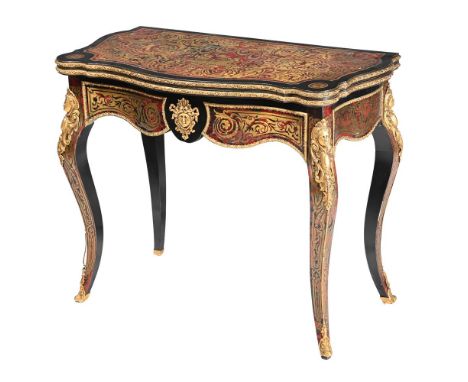 A NAPOLEON III FRENCH BOULLE CARD TABLE  CIRCA 1870 With simulated tortoiseshell and brass inlay, the hinged top opening to a