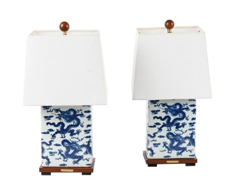 A PAIR OF BLUE AND WHITE CERAMIC TABLE LAMPS  MODERN, BY RALPH LAUREN  Each rectangular shade above a blue-and-white porcelai