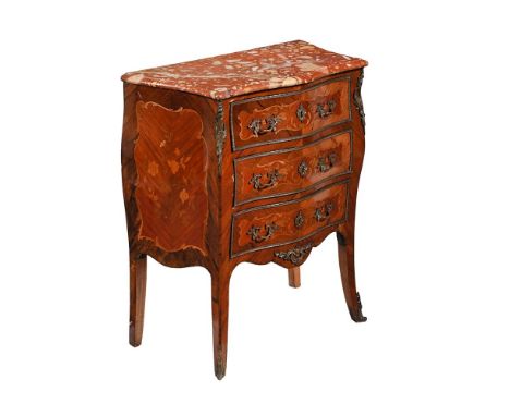 A FRENCH PARQUETRY, MARQUETRY AND MARBLE TOPPED COMMODE LATE 19TH CENTURY  With arrangement of three drawers 85cm high, 73cm 