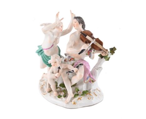 A MEISSEN MYTHOLOGICAL GROUP CIRCA 1750 With Apollo, Cupid and a woman with flowing hair and a green sash, blue crossed sword