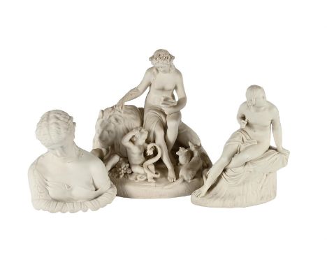 A COLLECTION OF THREE  PARIAN FIGURAL GROUPS  LATE 19TH AND 20TH CENTURIES Comprising a group with seated maiden, lion, cheru