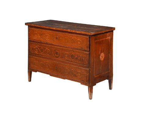 A CONTINENTAL MAHOGANY, WALNUT AND MARQUETRY COMMODE PROBABLY ITALIAN, LATE 18TH CENTURY 90cm high, 122cm wide, 56cm deep   C