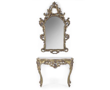 A SILVERED AND GREEN PAINTED CONSOLE TABLE AND MIRROR ITALIAN, FIRST HALF 20TH CENTURY With a Harrods retail label to the rev