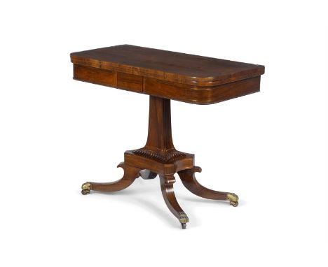 Y A REGENCY BRASS INLAID ROSEWOOD CARD TABLE POSSIBLY SCOTTISH, CIRCA 1815 The hinged top enclosing a baize playing surface, 
