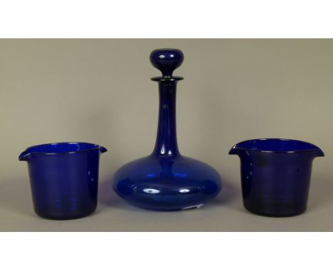 A PAIR OF 19TH CENTURY BRISTOL BLUE WINE GLASS COOLERS, 10cm high and a ship's decanter, 23.5cm high (3) 