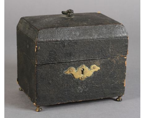 A GEORGE III BLACK FAUX SHAGREEN BOX, the hinged lid with pierced axe head handle revealing a red velvet interior with cotton