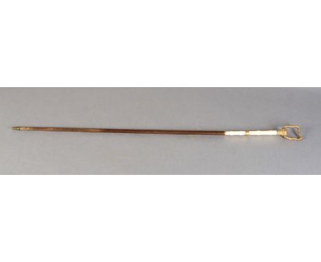 A ROLLED GOLD AND IVORY PARASOL HANDLE with swing shield shaped loop and domed pommel, all foliate engraved, ivory stem with 