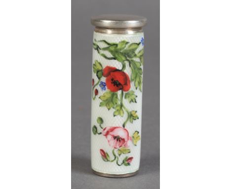 A SILVER AND ENAMELLED LIPSTICK CASE, the cover painted with poppy, peonies and forget-me-nots, against a soft white bass? ta