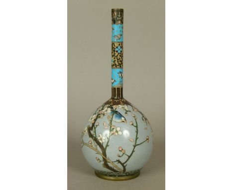 A JAPANESE CLOISONN? ENAMEL BOTTLE SHAPED VASE decorated with finches amidst prunus blossom on a pale grey ground, tall cylin