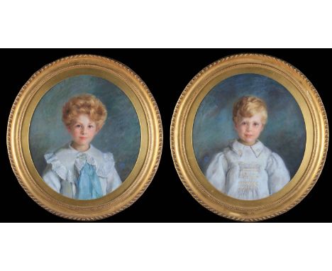 C.P. EARLY 20TH CENTURY Half-portrait of a young girl with blond curly hair and of her brother, a pair, oval, pastel, monogra