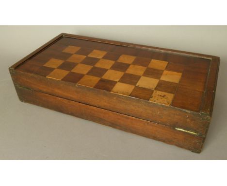 A 19TH CENTURY INLAID MAHOGANY CHESSBOARD/BACKGAMMON BOX, the top with boxwood and rosewood board within thin parquetry inlai