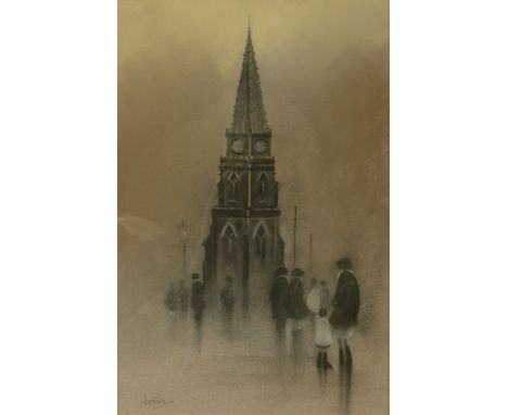 ARR BRIAN SHIELDS 'BRAAQ' (1951-1997), Church spire and figures, pastel, signed braaq to lower left, 29cm x 19cm. See illustr