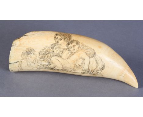 A SCRIMSHAW WHALE TOOTH, 19th century, incised with a mother, holding a finger to her mouth to hush an infant intent on wakin