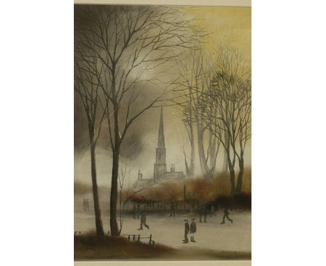 ARR BRIAN SHIELDS 'BRAAQ' (1951-1997), Church amongst winter trees with figures, pastel, signed braaq ann to lower right, 27c