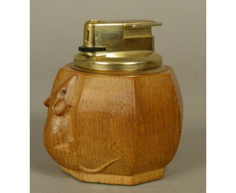 THOMPSON OF KILBURN 'MOUSEMAN', an oak table lighter of octagonal form carved in relief with a mouse, 6cm diameter 