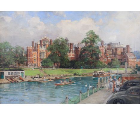 ENGLISH SCHOOL (c.1940s), Hampton Court, the palace from across the Thames with figures rowing, a small pleasure cruiser and 