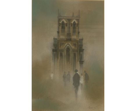 ARR BRIAN SHIELDS 'BRAAQ' (1951-1997), Church tower and figures in the mist, pastel, signed braaq to lower right, 29cm x 19cm