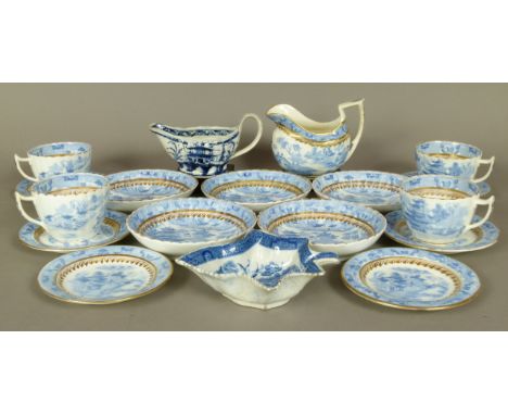 A SET OF SIX 19TH CENTURY ENGLISH POTTERY CIRCULAR DISHES, each transfer printed to the centres with a chinoiserie scene with