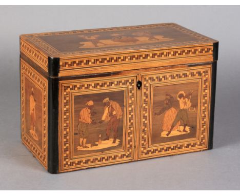 A 19TH CENTURY SORRENTO-WARE TEA CADDY, the hinged cover inlaid with figures dancing as a musician plays, the front, sides an