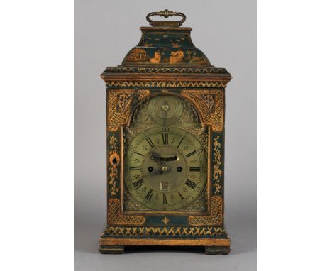 A GEORGE II BLUE AND GILT LACQUER BRACKET CLOCK decorated overall with chinoiserie scenes, hatched panels and leafage, lacque