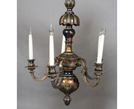 A BLACK METAL LACQUERED CHINOISERIE AND WHITE METAL FIVE LIGHT CHANDELIER, the scrolled arms with hexagonal sconces and circu
