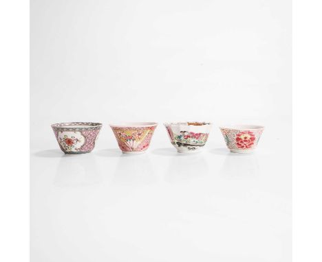 A collection of Chinese export famille rose teacups, 18th century, including one lobed, painted with a lady lying on a daybed