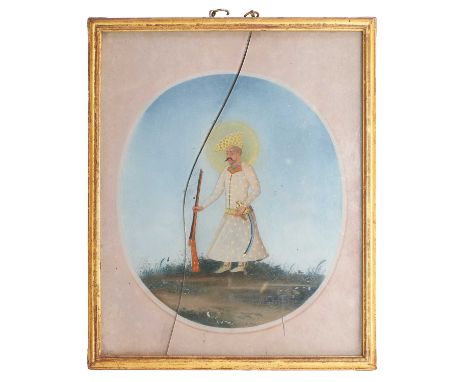 A Mughal reverse glass painting, early 19th century, of a Persian ruler, possibly Shah Abbas, depicted holding a musket in on