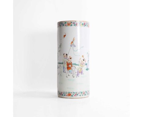 A Chinese famille rose vase, Republic period (1912-1949), of cylindrical form, painted with a continuous scene of five boys i