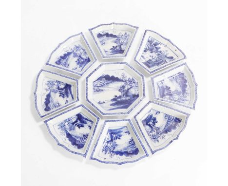 A set of Chinese blue and white sweetmeat dishes, Qianlong (1736-1795), comprising an octagonal dish to the centre with eight